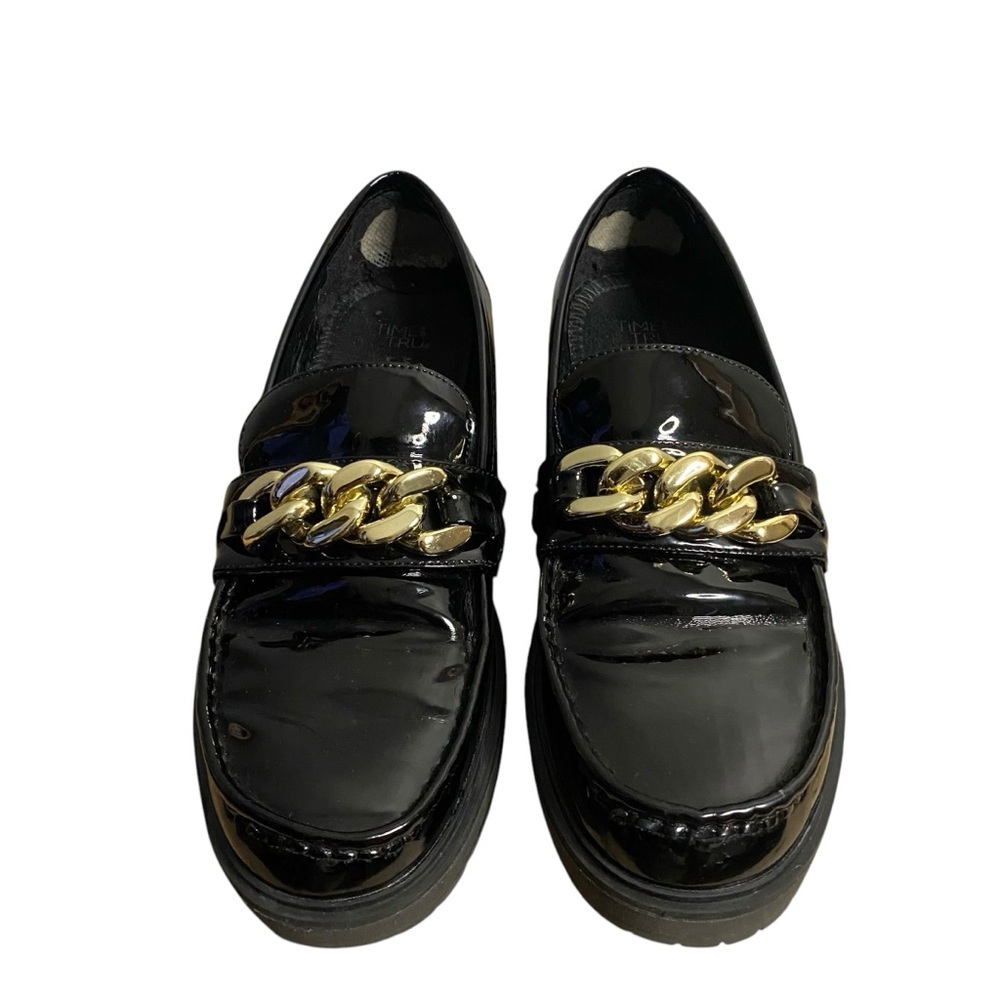 Time and Tru Gold Women's Black Patent Leather Chunky Chain Trim Platforms